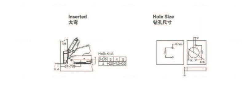 Hinge - 165 degrees fast mounted two section force buffering hinge